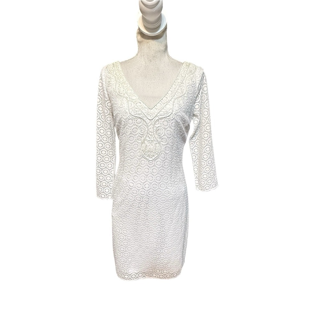 LILLY PULITZER Resort White Alden Tunic Dress V Neck Lined Lace Sleeves Small